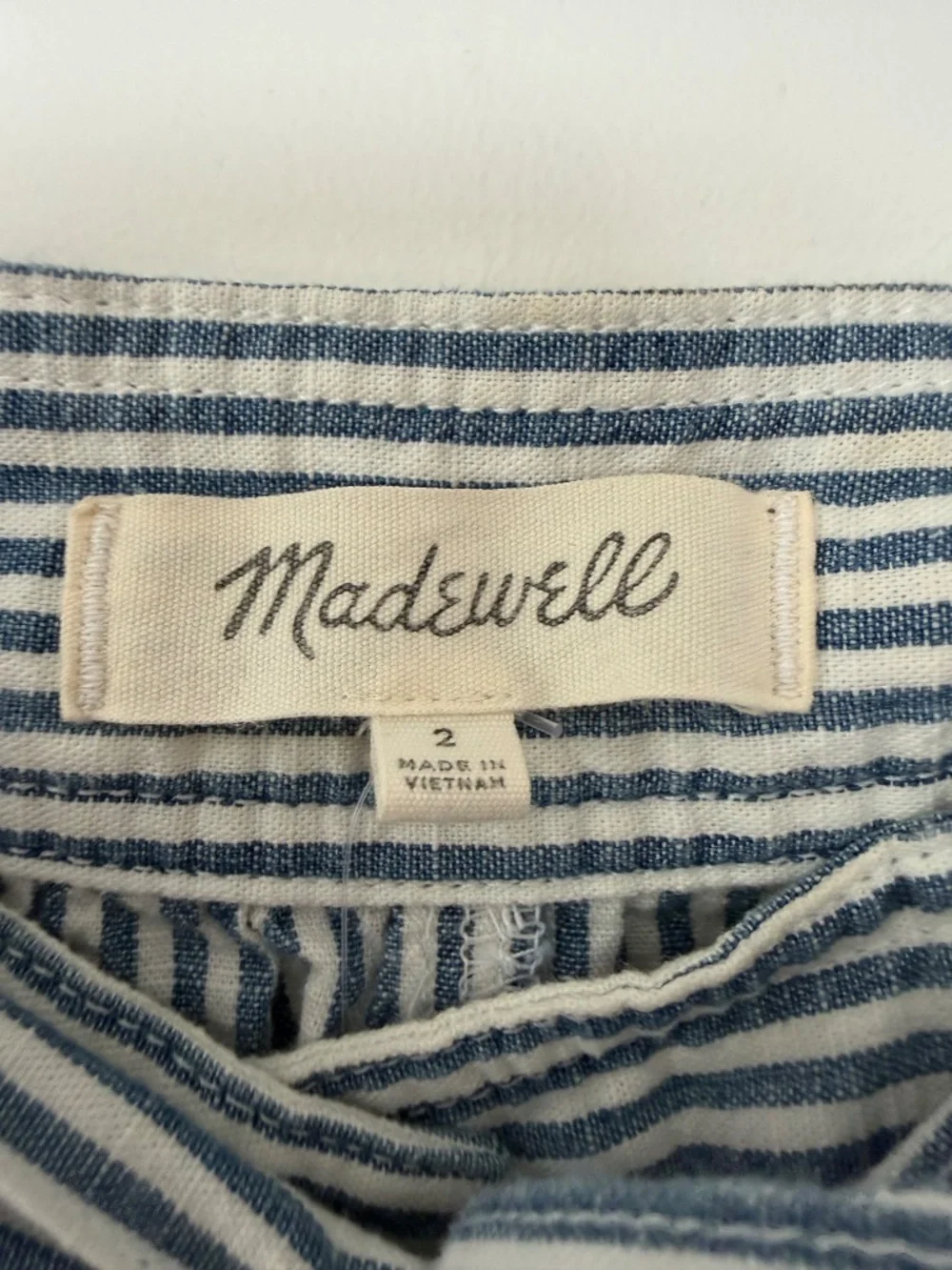 Madewell Palisade blue white striped tie button-front midi skirt, size 2